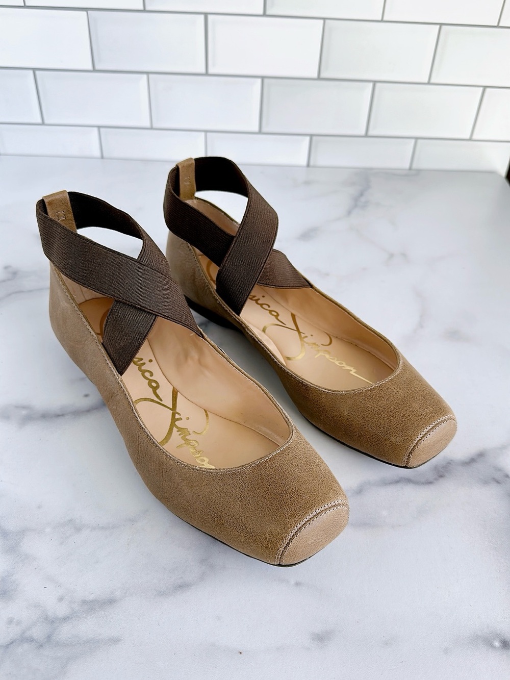 Jessica Simpson Taupe Ballet Flats with Cross Ankle Strap - Picture 2 of 6